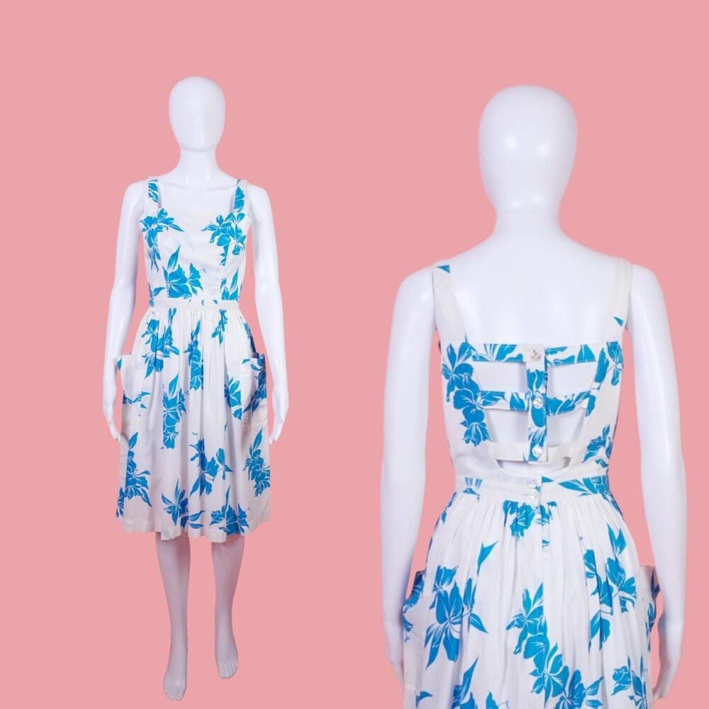 1970s-1980s CAGE BACK FLORAL Print Sleeveless Sun Dress W/Large Pockets. XS-S